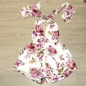 Floral backless halter short romper size S